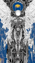 A futuristic angelic figure with mechanical wings, set against a blue background with abstract technology elements.