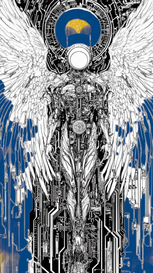 A futuristic angelic figure with mechanical wings, set against a blue background with abstract technology elements.