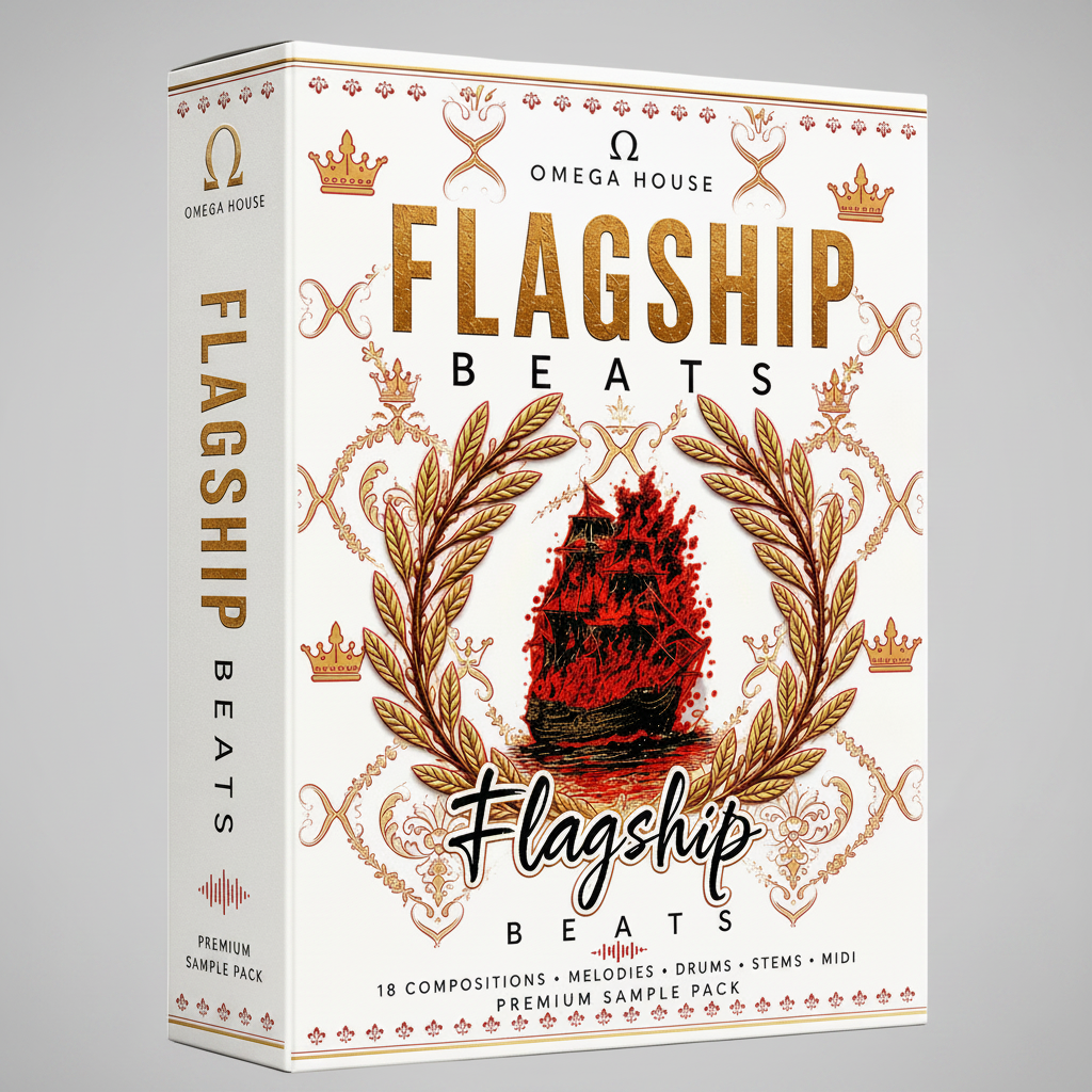 A 3D box mockup for 'Omega House Flagship Beats Premium Sample Pack' on a clean white background. The box features a white cover decorated with gold and copper illustrations of crowns, a laurel wreath, and a red flag, with the text 'FLAGSHIP BEATS' in large gold letters.