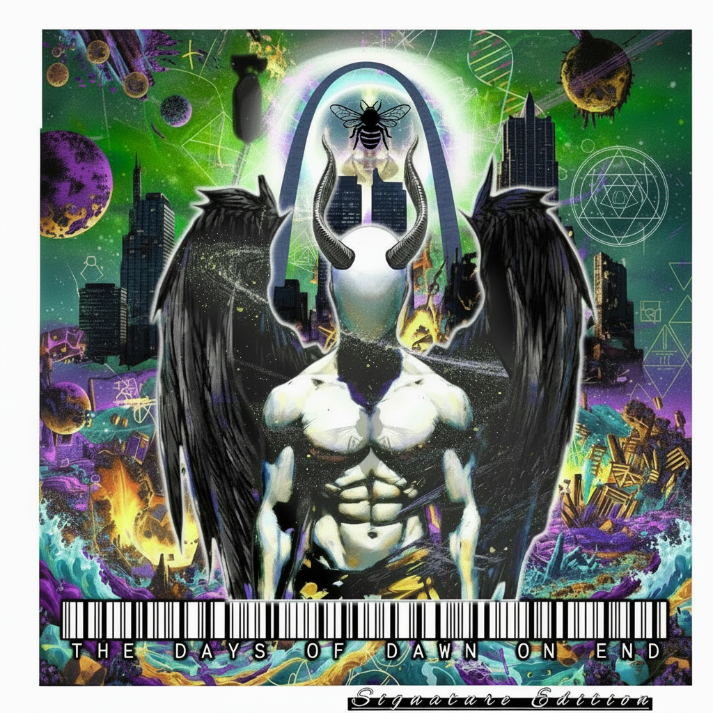 Artistic depiction of a figure with wings and a glowing head against a cosmic background, featuring a barcode and text at the bottom.